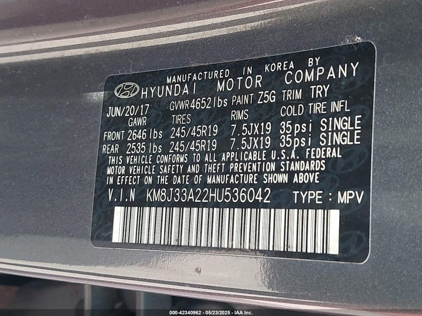 2017 HYUNDAI TUCSON LIMITED/SPORT AND ECO/SE - KM8J33A22HU536042