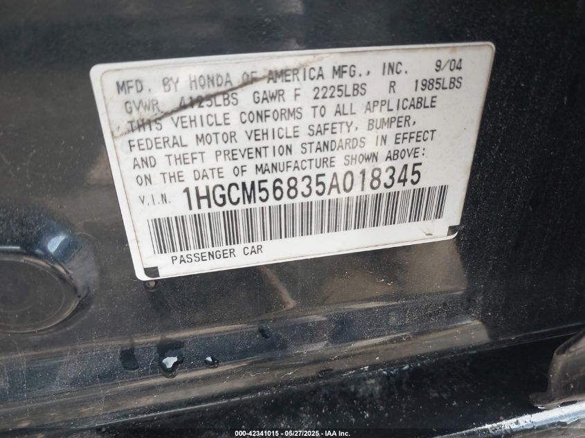 2005 Honda Accord 2.4 Ex VIN: 1HGCM56835A018345 Lot: 42341015