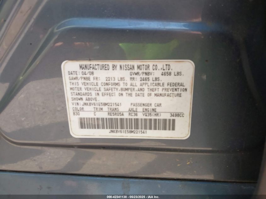 2008 Infiniti G35 Journey VIN: JNKBV61E58M221541 Lot: 42341138