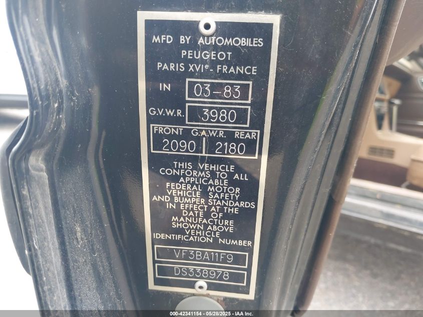 1983 Peugeot 505 VIN: VF3BA11F9DS338978 Lot: 42341154