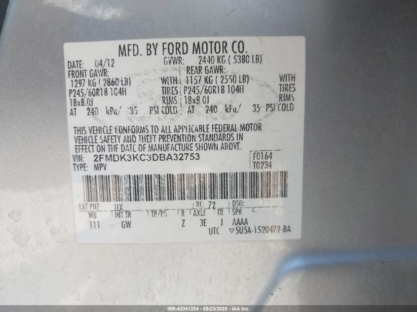 2013 Ford Edge Limited VIN: 2FMDK3KC3DBA32753 Lot: 42341204