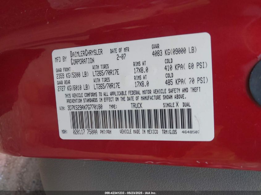 2007 Dodge Ram 2500 Laramie VIN: 3D7KS29AX7G770180 Lot: 42341233