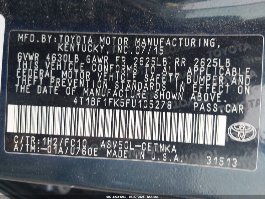 2015 TOYOTA CAMRY LE/SE/XLE/XSE - 4T1BF1FK5FU105278