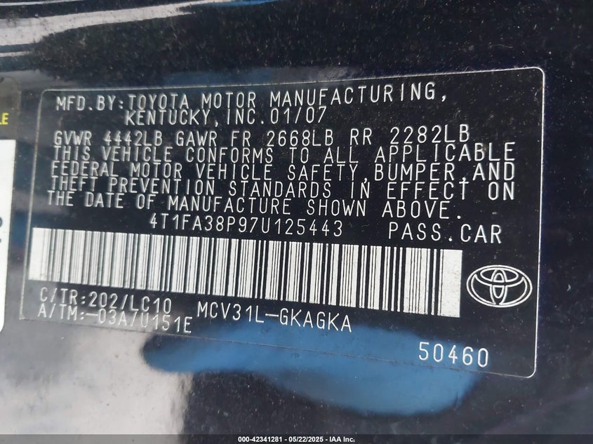 2007 Toyota Camry Solara Se/Sle/Sport VIN: 4T1FA38P97U125443 Lot: 42341281