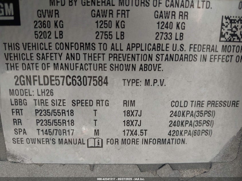 2012 CHEVROLET EQUINOX VIN: 2GNFLDE57C6307584