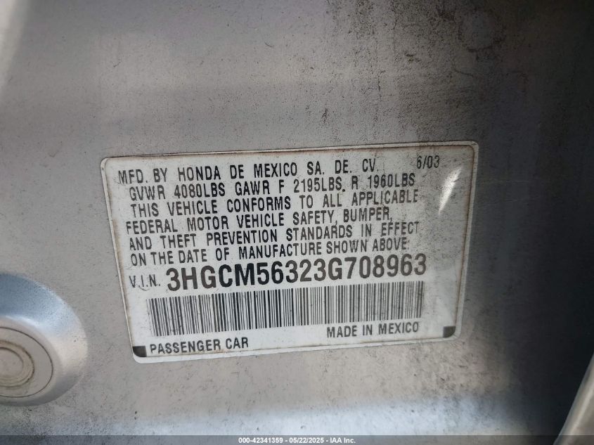 2003 Honda Accord 2.4 Lx VIN: 3HGCM56323G708963 Lot: 42341359