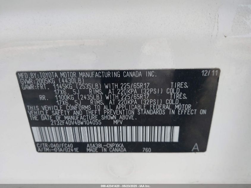 2011 Toyota Rav4 VIN: 2T3ZF4DV4BW104055 Lot: 42341420