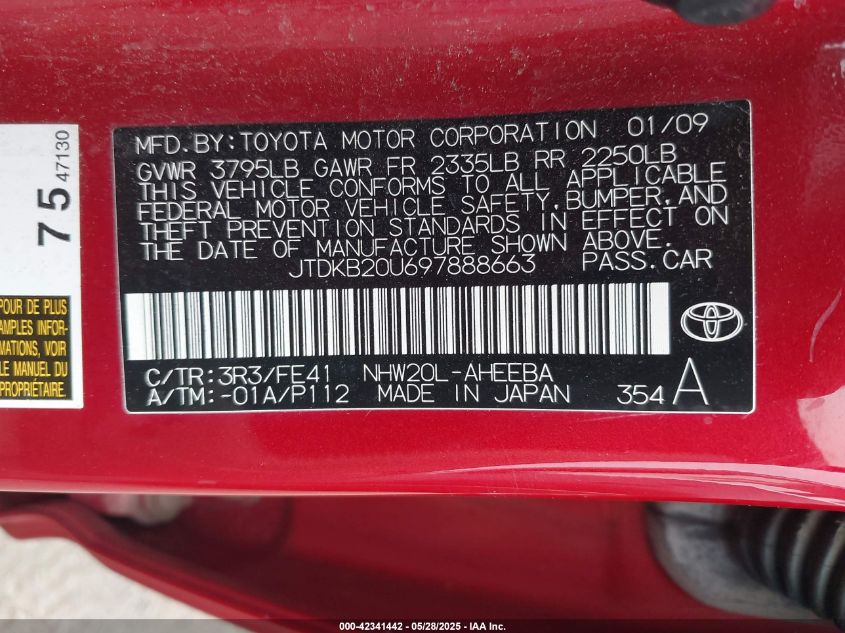 2009 Toyota Prius Standard/Touring VIN: JTDKB20U697888663 Lot: 42341442