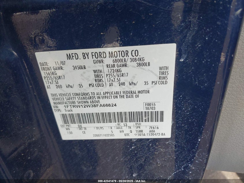 2008 FORD F-150 VIN: 1FTRW12W38FA66824