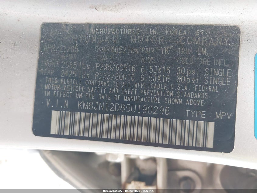 2005 Hyundai Tucson Gls/Lx VIN: KM8JN12D85U190296 Lot: 42341527