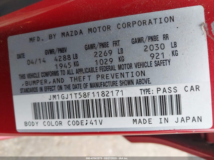2015 MAZDA MAZDA6 VIN: JM1GJ1T58F1182171