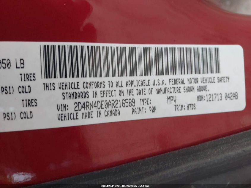 2010 Dodge Grand Caravan Se VIN: 2D4RN4DE0AR216589 Lot: 42341722