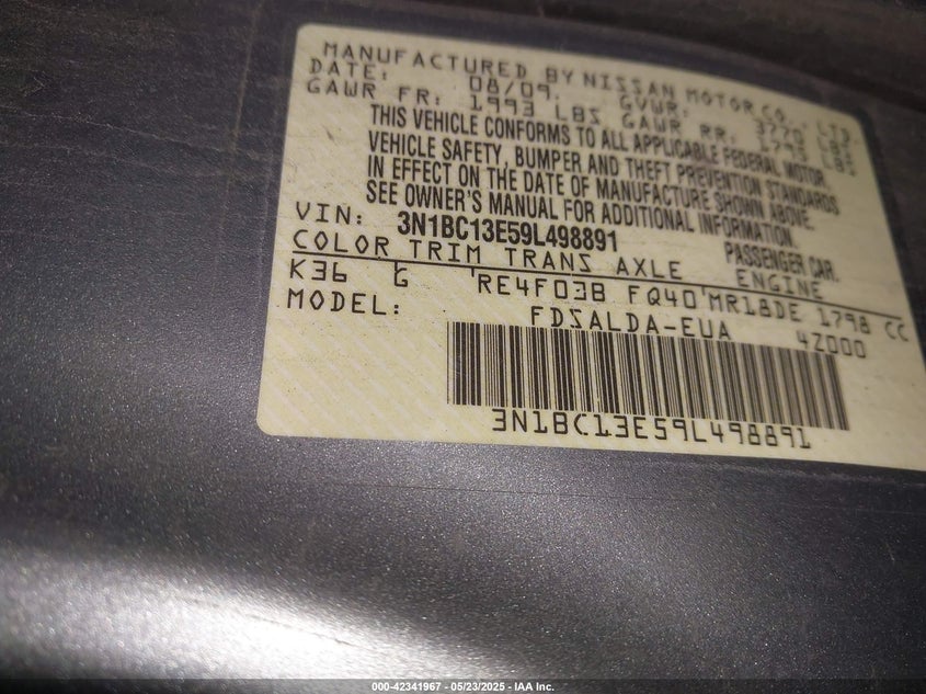 2009 NISSAN VERSA VIN: 3N1BC13E59L498891