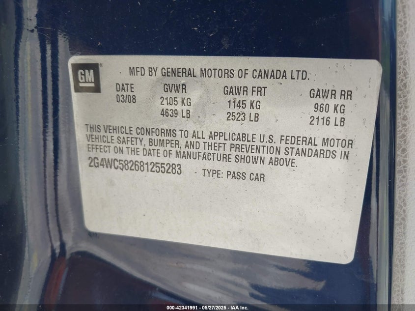 2008 BUICK LACROSSE VIN: 2G4WC582681255283