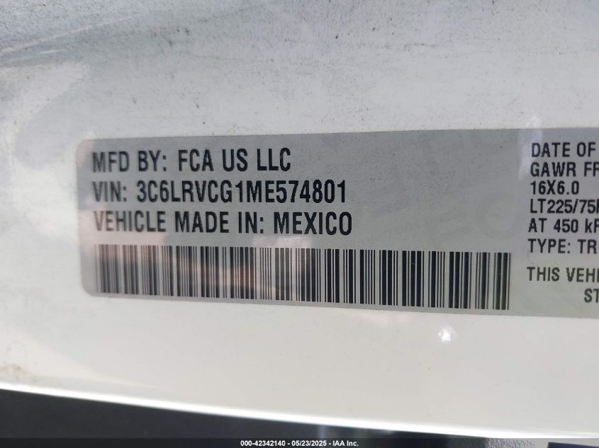 2021 Ram Promaster 2500 High Roof 136 Wb VIN: 3C6LRVCG1ME574801 Lot: 42342140