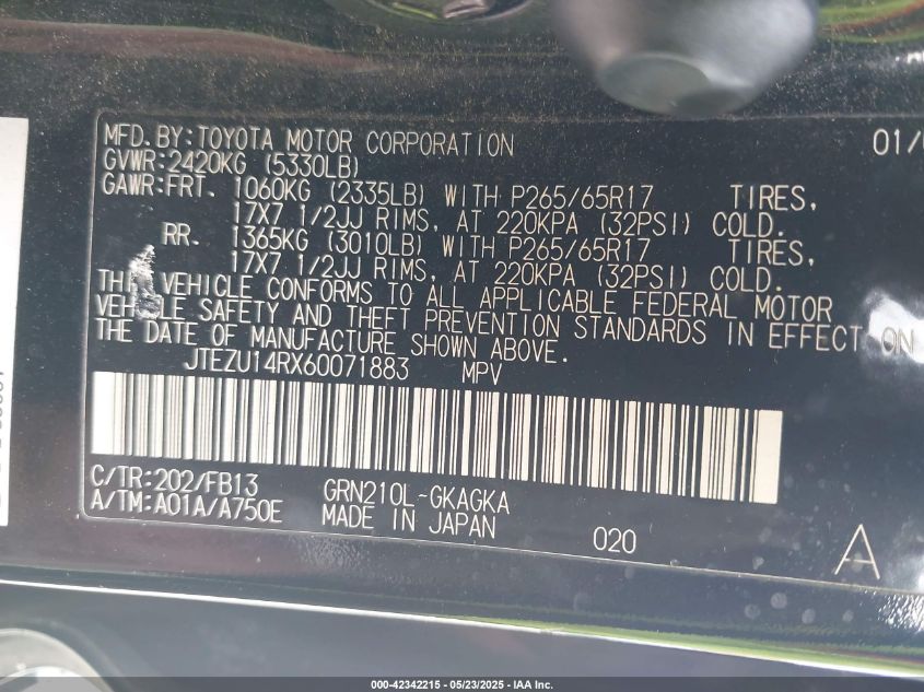 2006 Toyota 4Runner Sr5 Sport V6/Sr5 V6 VIN: JTEZU14RX60071883 Lot: 42342215