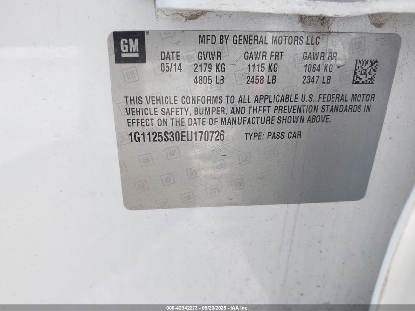 2014 CHEVROLET IMPALA VIN: 1G1125S30EU170726