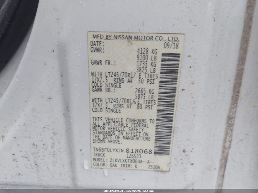 2018 Nissan Nv Cargo Nv2500 Hd Sv V6 VIN: 1N6BF0LYXJN818068 Lot: 42342429