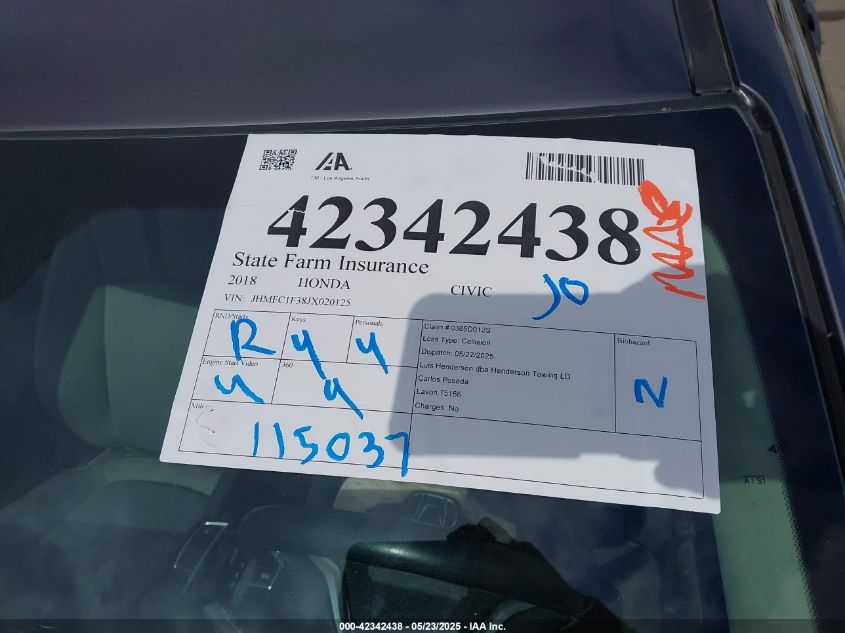 2018 Honda Civic Ex-T VIN: JHMFC1F38JX020125 Lot: 42342438