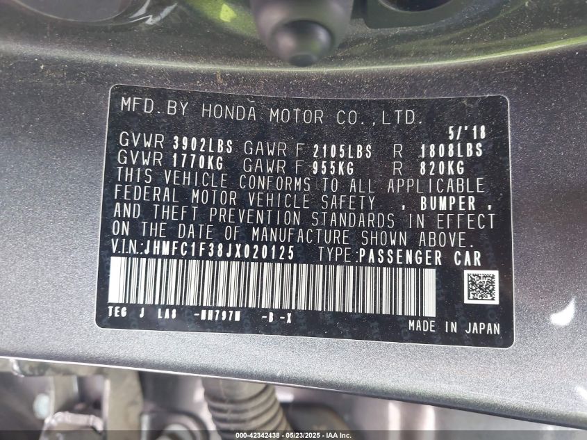 2018 Honda Civic Ex-T VIN: JHMFC1F38JX020125 Lot: 42342438