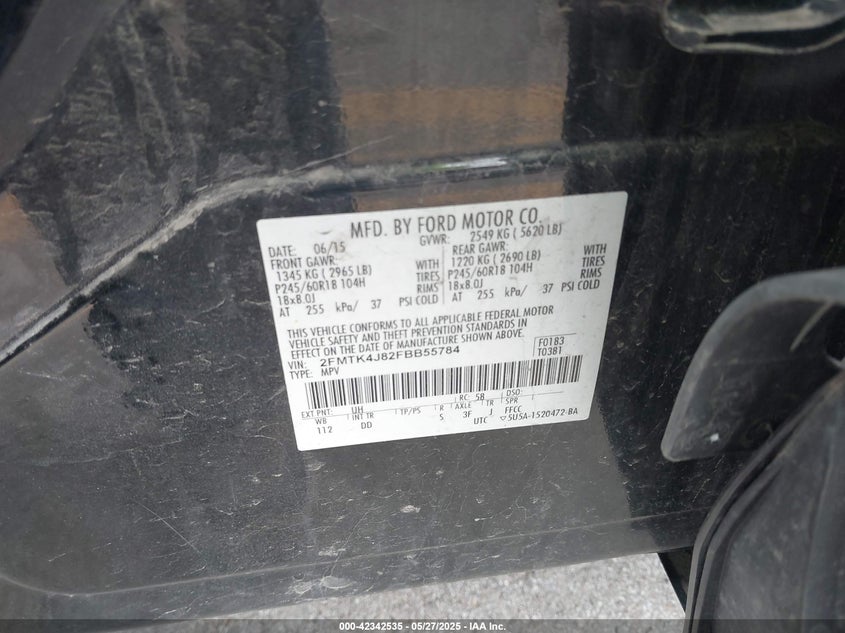 2015 FORD EDGE VIN: 2FMTK4J82FBB55784