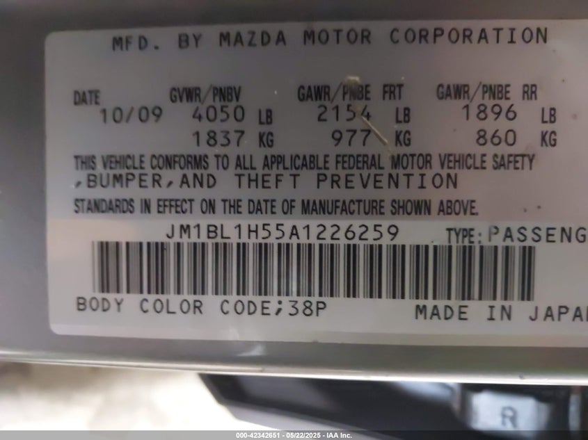 2010 MAZDA MAZDA3 VIN: JM1BL1H55A1226259