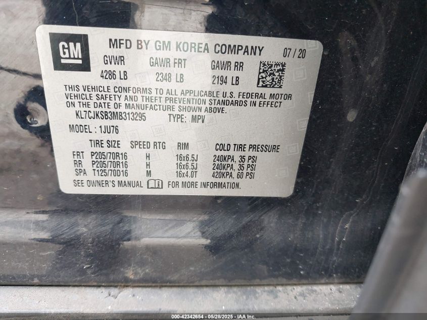 2021 Chevrolet Trax Fwd Ls VIN: KL7CJKSB3MB313295 Lot: 43033105
