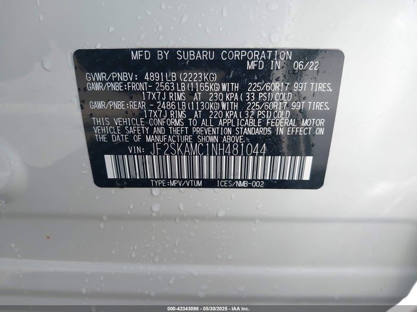 2022 SUBARU FORESTER VIN: JF2SKAMC1NH481044