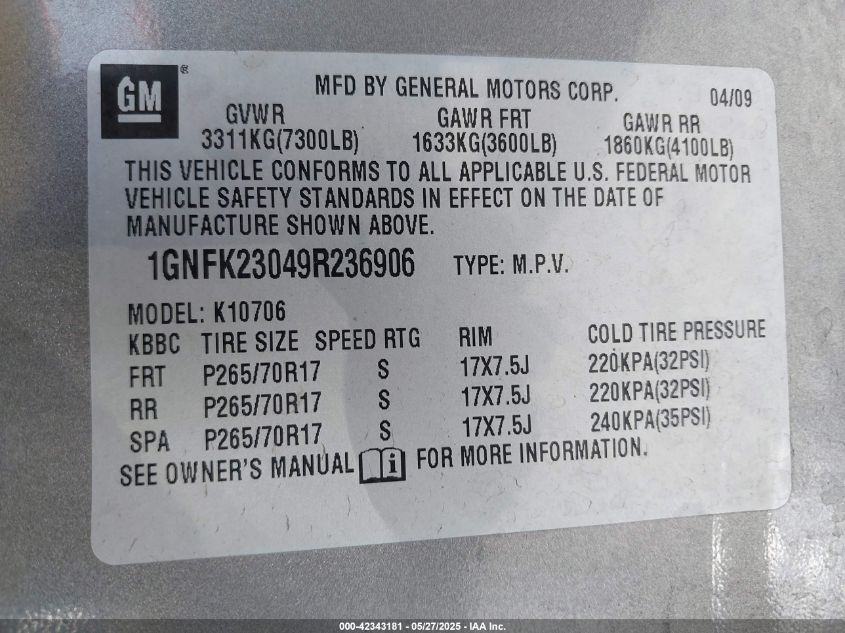 2009 Chevrolet Tahoe Lt2 VIN: 1GNFK23049R236906 Lot: 42343181