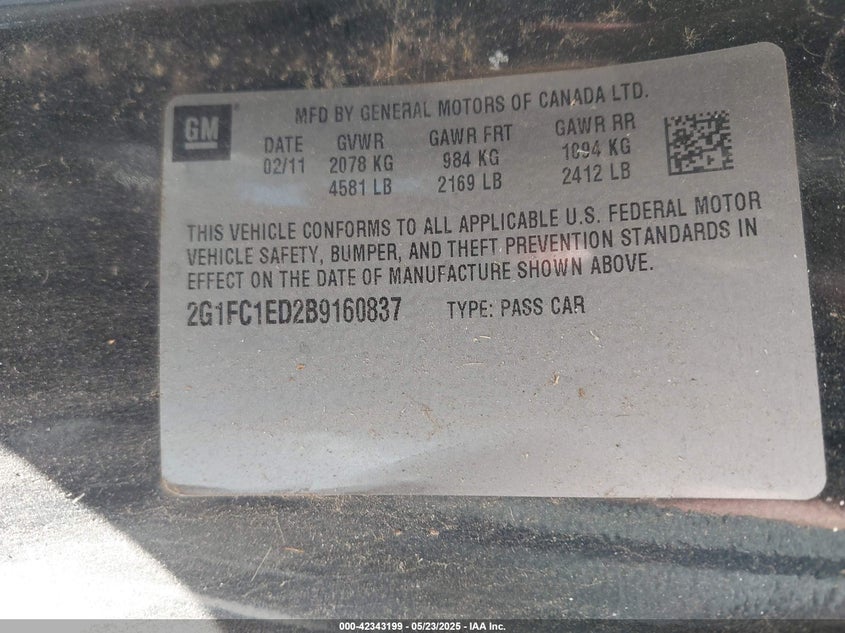 2011 CHEVROLET CAMARO VIN: 2G1FC1ED2B9160837