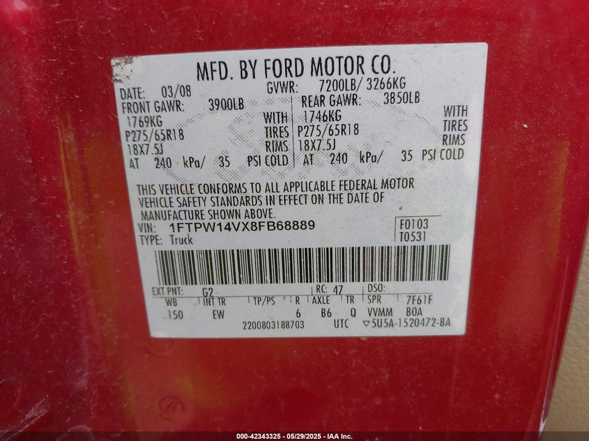 2008 FORD F150 VIN: 1FTPW14VX8FB68889