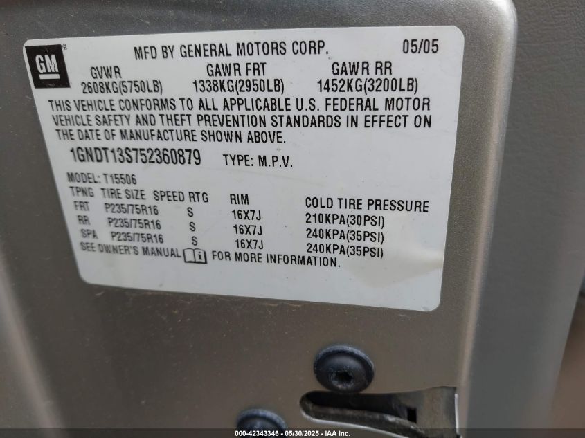 2005 Chevrolet Trailblazer VIN: VIN1GNDT13S75236 Lot: 42343346