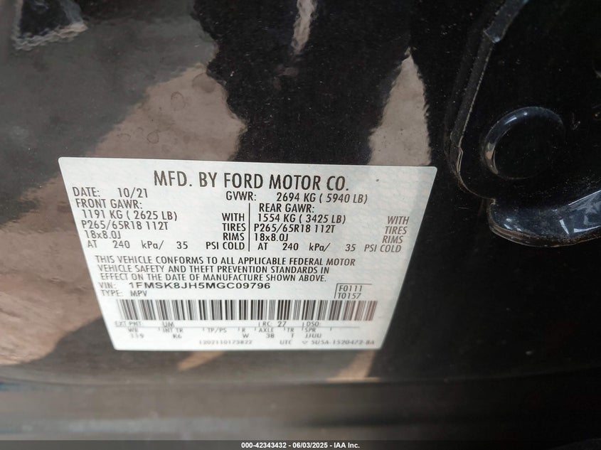 2021 FORD EXPLORER VIN: 1FMSK8JH5MGC09796
