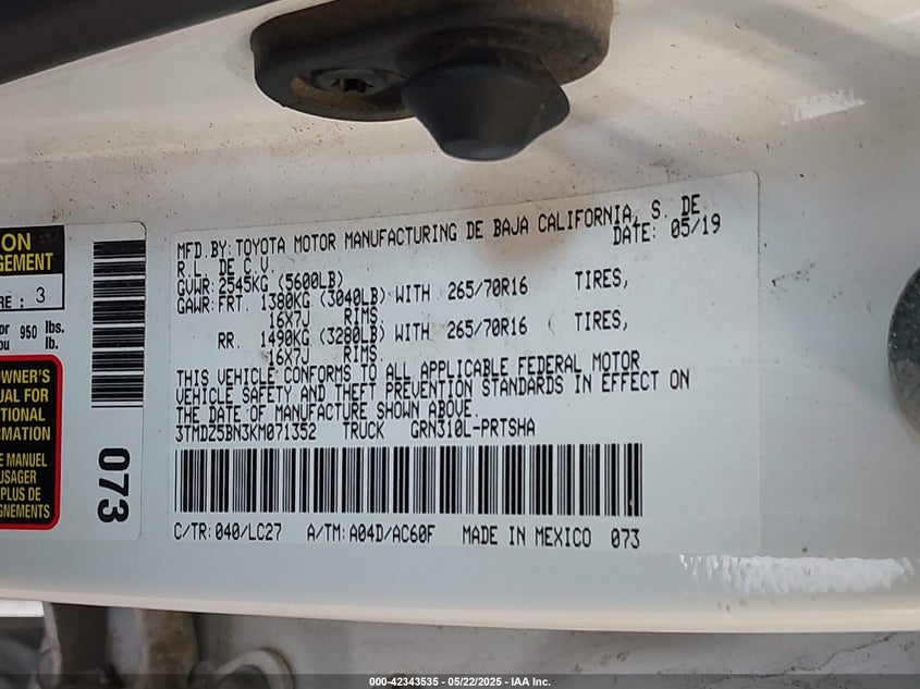 2019 TOYOTA TACOMA VIN: 3TMDZ5BN3KM071352