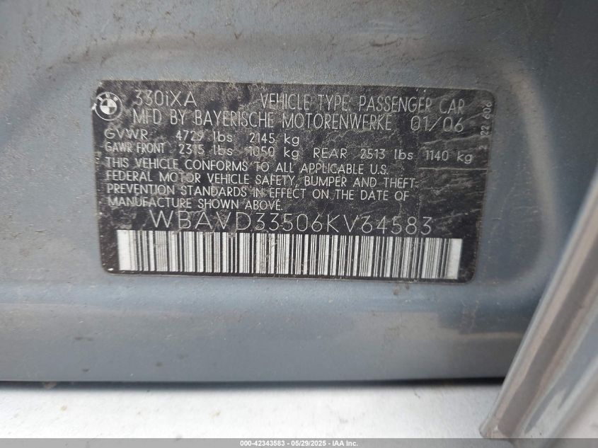 2006 BMW 330Xi VIN: WBAVD33506KV64583 Lot: 42343583