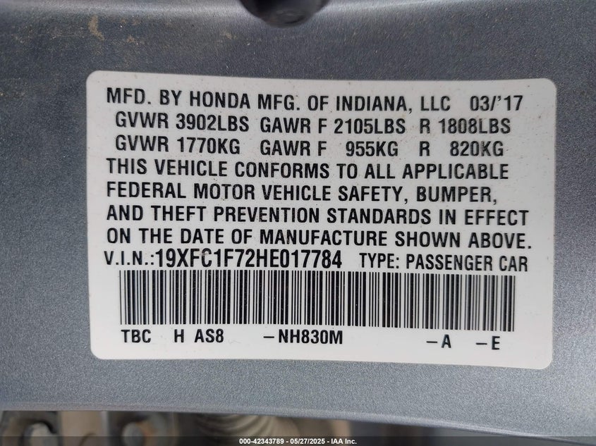2017 HONDA CIVIC EX-L - 19XFC1F72HE017784