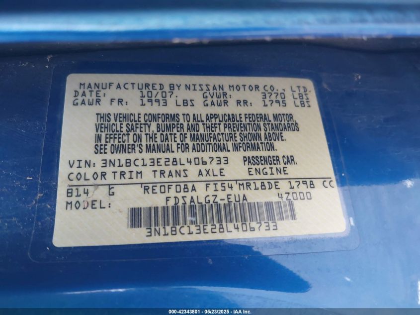 2008 Nissan Versa 1.8S/1.8Sl VIN: 3N1BC13E282406733 Lot: 42343801