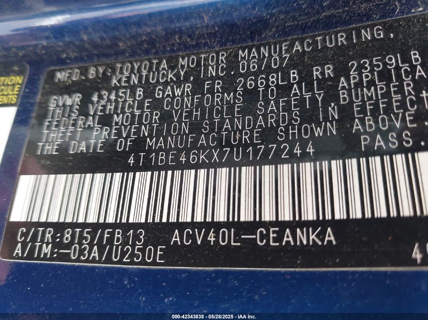 2007 Toyota Camry Ce/Le/Se/Xle VIN: 4T1BE46KX7U177244 Lot: 42343838