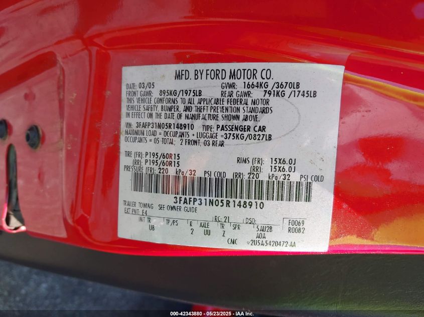 2005 Ford Focus Zx3 VIN: 3FAFP31N05R148910 Lot: 42343880