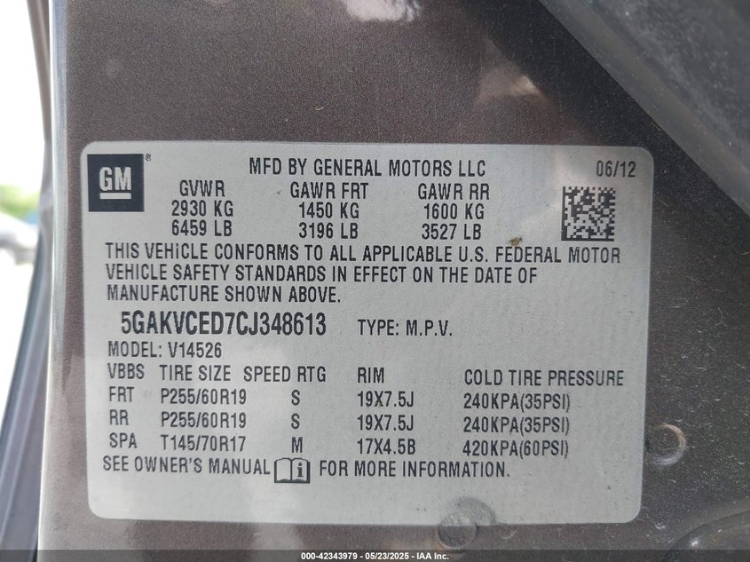 2012 BUICK ENCLAVE VIN: 5GAKVCED7CJ348613