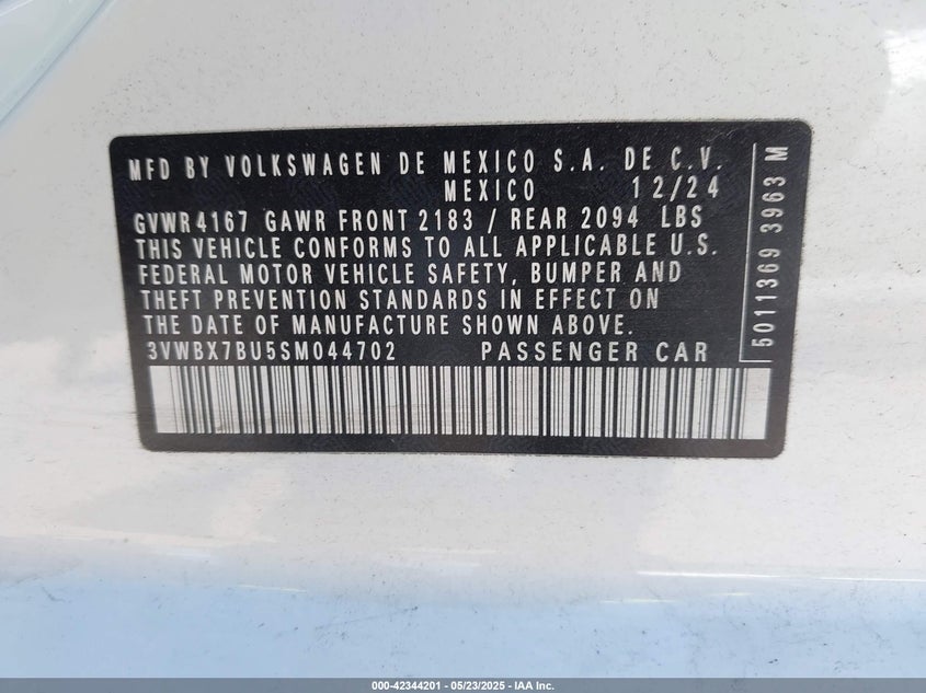 2025 VOLKSWAGEN JETTA 1.5L I-4 DI, DOHC, V(VIN: 3VWBX7BU5SM044702