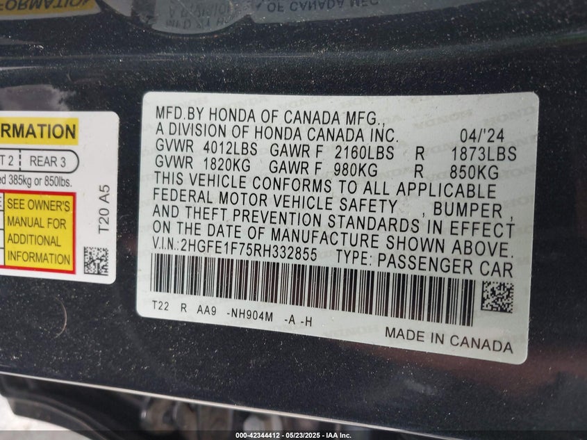 2024 HONDA CIVIC EX - 2HGFE1F75RH332855