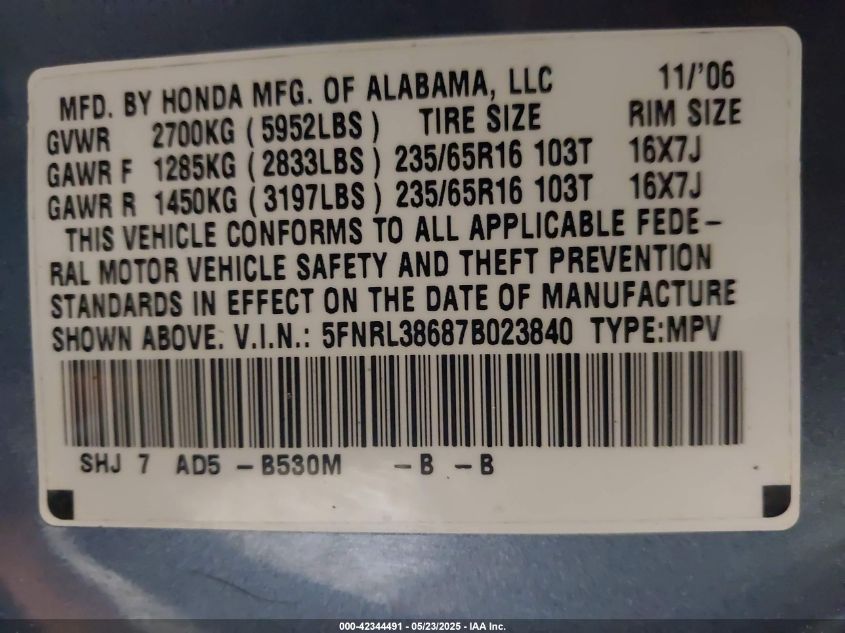 2007 Honda Odyssey Ex-L VIN: 5FNRL38687B023840 Lot: 42344491