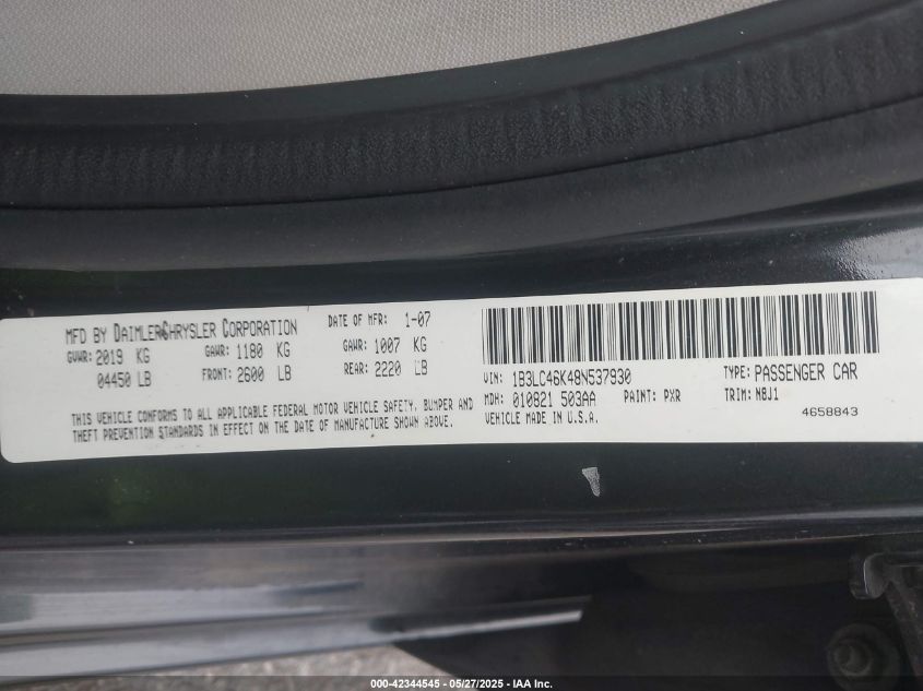 2008 Dodge Avenger Se VIN: 1B3LC46K48N537930 Lot: 42344545