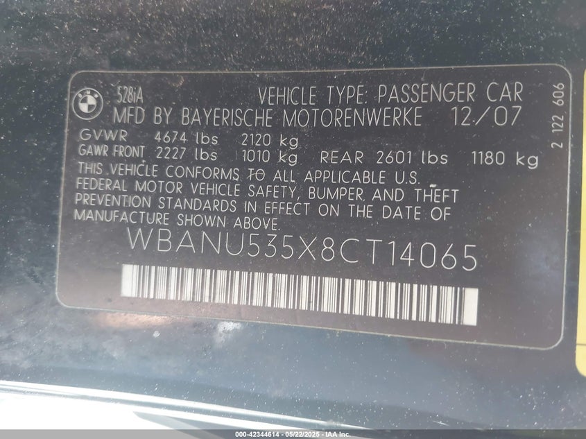2008 BMW 528I VIN: WBANU535X8CT14065 Lot: 42344614