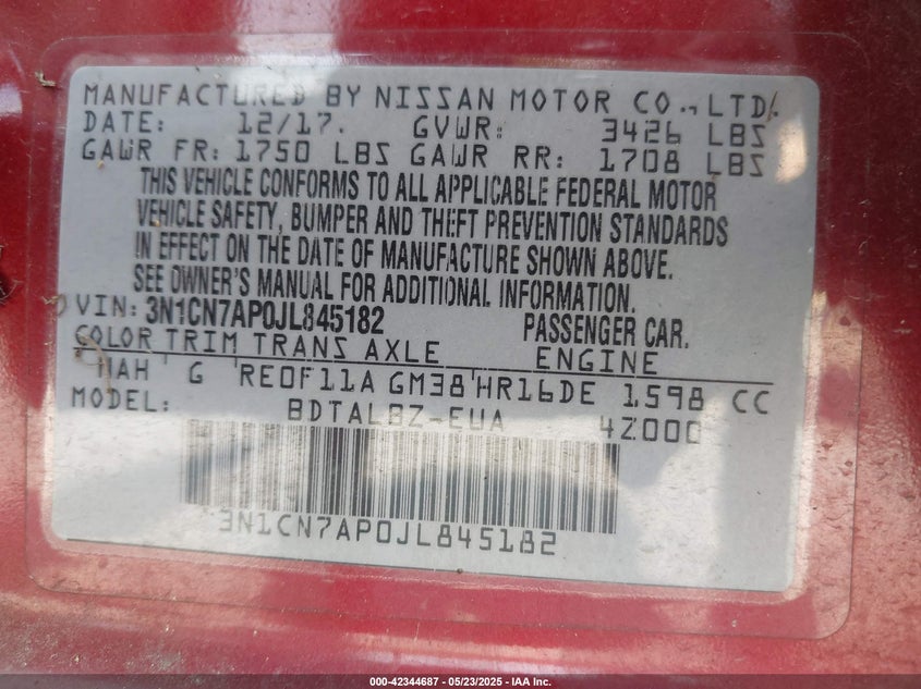 2018 NISSAN VERSA S/S PLUS/SV/SL - 3N1CN7AP0JL845182