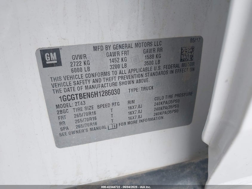 2017 Chevrolet Colorado Wt VIN: 1GCGTBEN6H1286030 Lot: 42344722