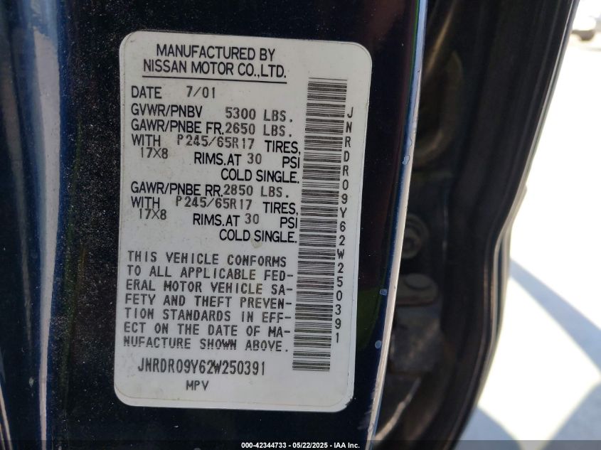 2002 Infiniti Qx4 Luxury VIN: JNRDR09Y62W250391 Lot: 42344733