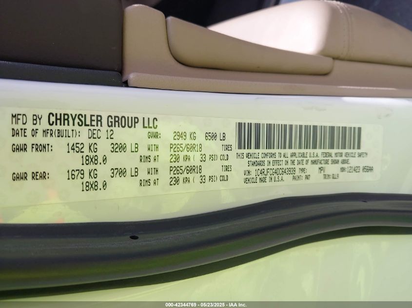 2013 Jeep Grand Cherokee Overland VIN: 1C4RJFCG4DC643939 Lot: 42344769