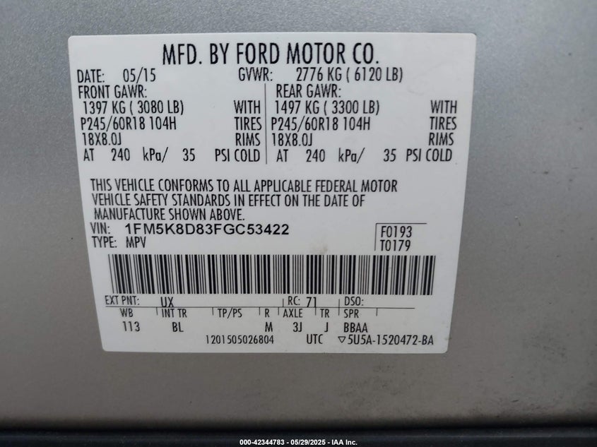 2015 FORD EXPLORER VIN: 1FM5K8D83FGC53422